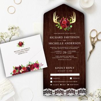 rustic wood burgundy floral deer antlers wedding all in one invitation