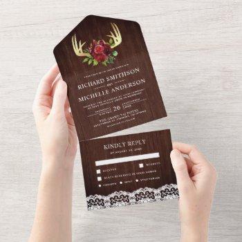 rustic wood burgundy floral deer antlers wedding all in one invitation