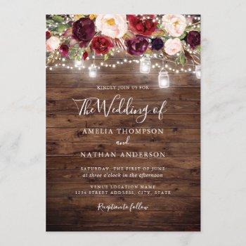 rustic wood burgundy floral lights wedding invitation