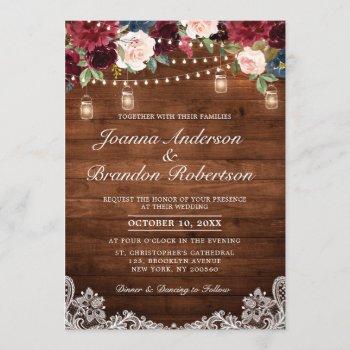 rustic wood burgundy floral mason jar wedding invitation