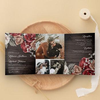 Small Rustic Wood Burgundy Red Roses Photo Wedding Tri-fold Front View