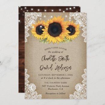 rustic wood burlap floral lace sunflower wedding invitation