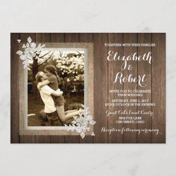 rustic wood burlap lace photo wedding invitation