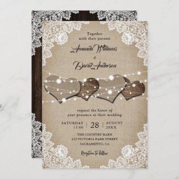 rustic wood burlap lace string lights wedding invitation