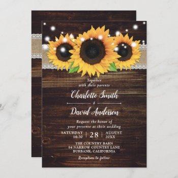 rustic wood burlap lace sunflower wedding invitation