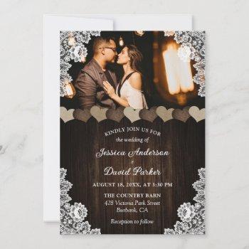 rustic wood burlap lace wedding photo invitations