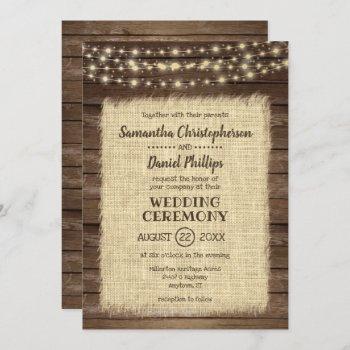 rustic wood, burlap & string lights wedding invitation