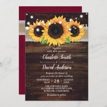 rustic wood burlap sunflower burgundy wedding invitation