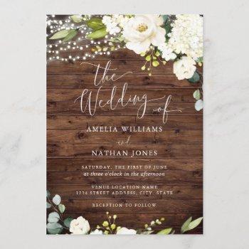rustic wood champagne floral lights wedding invitation