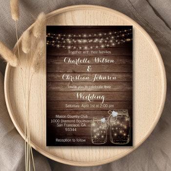 rustic wood country mason jar lights wedding invitation
