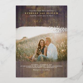 rustic wood country wedding photo foil invitation