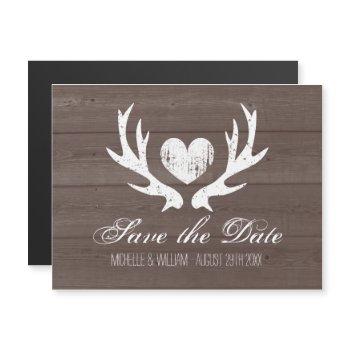 Small Rustic Wood Deer Antler Wedding Save The Date Magnetic Front View