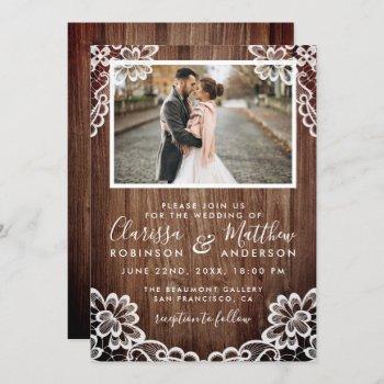 rustic wood & elegant lace wedding photo invitation