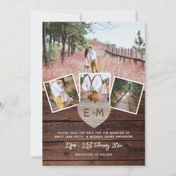 rustic wood engraved heart photo save the date invitation