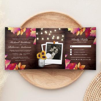 Small Rustic Wood Fall Autumn Leaves All In One Wedding Tri-fold Front View