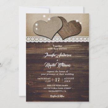 rustic wood hearts burlap and lace wedding invitation