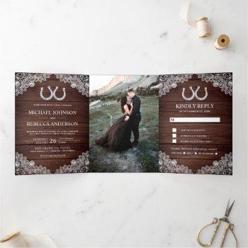 rustic wood horseshoes lace wedding photo tri-fold invitation