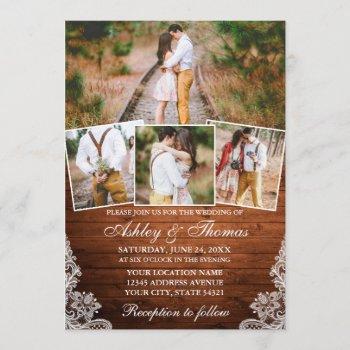 rustic wood lace 4 photo wedding invitation