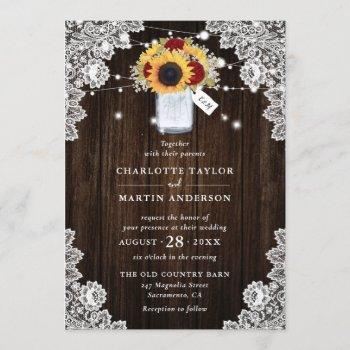 rustic wood mason jar red rose sunflower wedding invitation