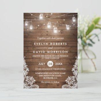 rustic wood mason jars string lights lace wedding invitation