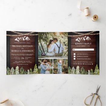 rustic wood mountain forest photo collage wedding tri-fold invitation