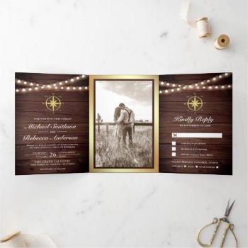 Small Rustic Wood Nautical Gold Compass Wedding Tri-fold Front View