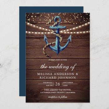 rustic wood navy blue anchor nautical wedding  invitation