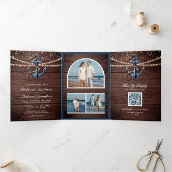 rustic wood navy blue anchor qr code wedding tri-fold invitation