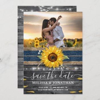 Small Rustic Wood Navy Lace Sunflower Wedding Photo Save The Date Front View