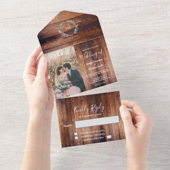 rustic wood photo watercolor leaves wedding all in one invitation