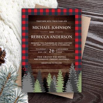 rustic wood red buffalo plaid evergreen wedding invitation