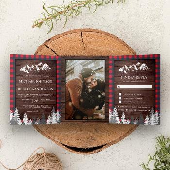 Small Rustic Wood Red Buffalo Plaid Mountain Wedding Tri-fold Front View
