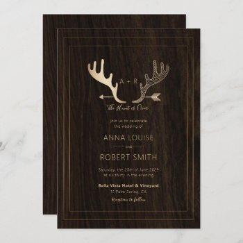 rustic wood rose gold antlers arrow wedding invitation
