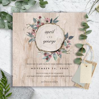 rustic wood slice pink green floral wedding invite