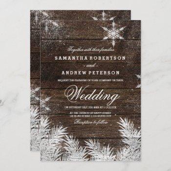 rustic wood snowflake pine winter wedding invitation