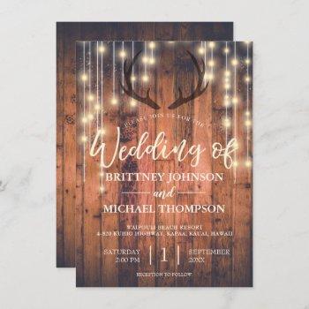 rustic wood string lights antler wedding invitation