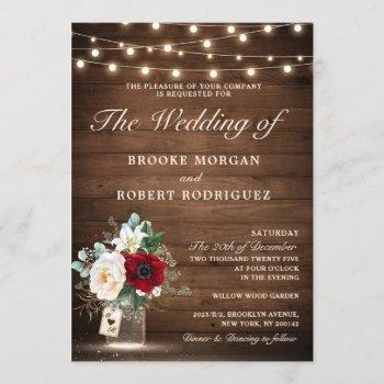 rustic wood string lights burgundy floral wedding invitation