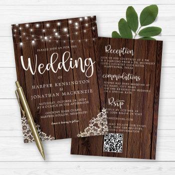 rustic wood string lights lace all in one wedding invitation