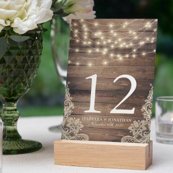 Small Rustic Wood & String Lights | Lace Table Number Front View