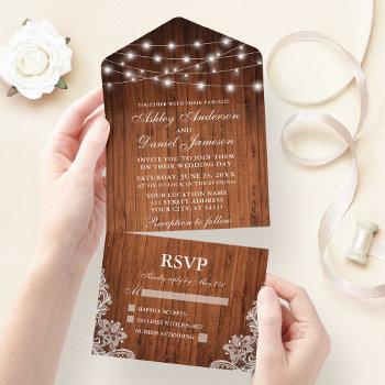 rustic wood string lights lace wedding all in one invitation