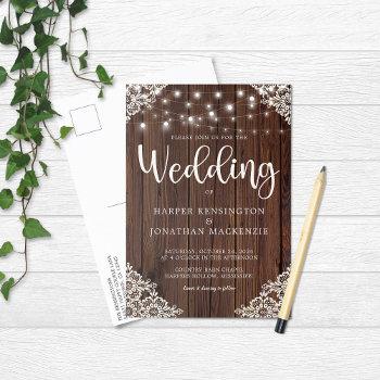 rustic wood string lights lace wedding invitation postcard