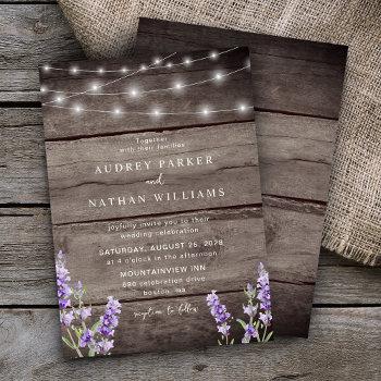 rustic wood string lights lavender wedding invitation