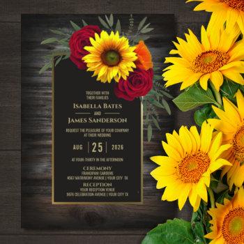 rustic wood sunflower burgundy rose wedding invitation