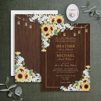 rustic wood sunflower dusty blue floral wedding in invitation