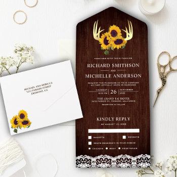 rustic wood sunflower gold deer antlers wedding all in one invitation