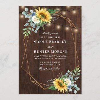 rustic wood sunflower white peony wedding invitation