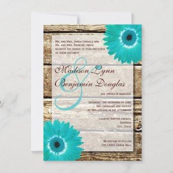 rustic wood teal gerber daisy wedding invitations