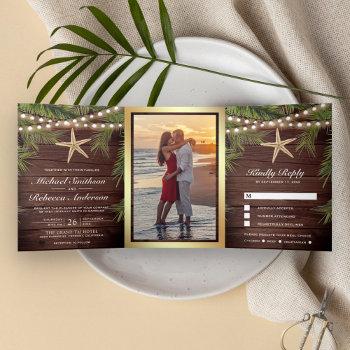 Small Rustic Wood Tropical Palm Leaves Starfish Wedding Tri-fold Front View