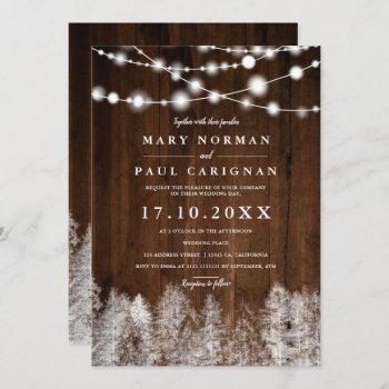 rustic wood  winter string lights forest wedding invitation