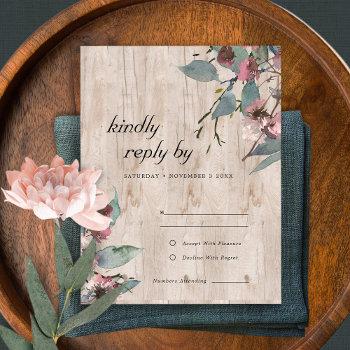 Small Rustic Wooden Wild Pink Eucalyptus Floral Wedding Rsvp Front View